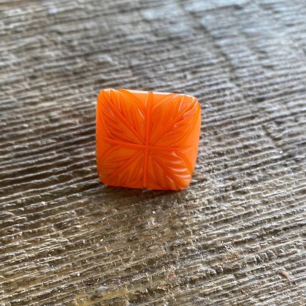 Vintage deeply carved Bakelite flower ring orange butter scotch egg yoke boho
